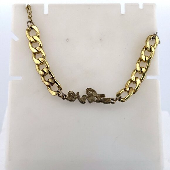 Estate Gold Tone Chunky Chain Bracelet “Love” Script with Rhinestones & Heart - Picture 2 of 5